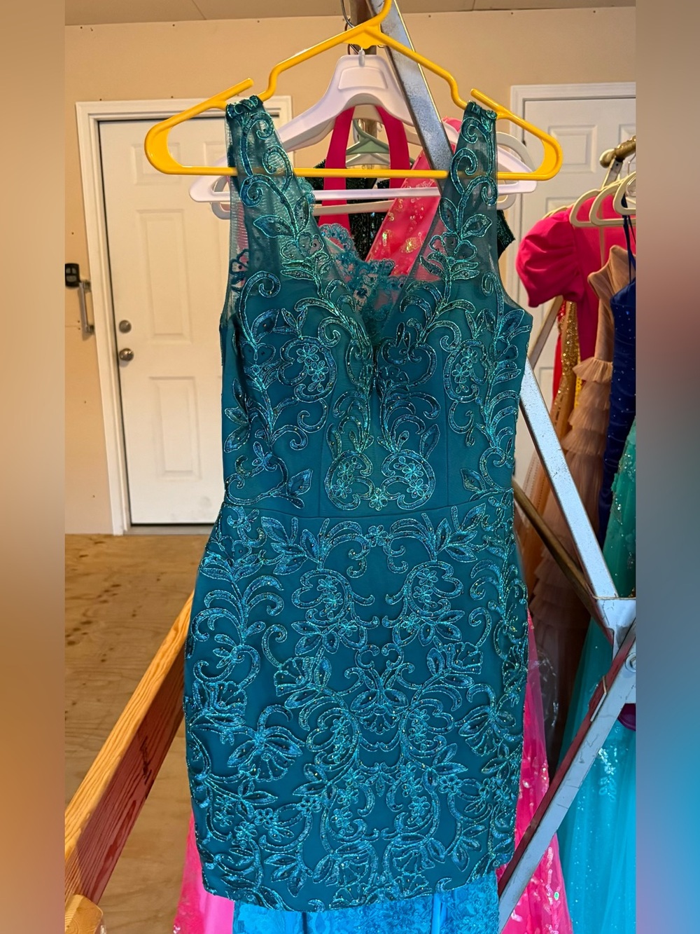 Embroidered Teal V-Neck Homecoming Dress - Women's